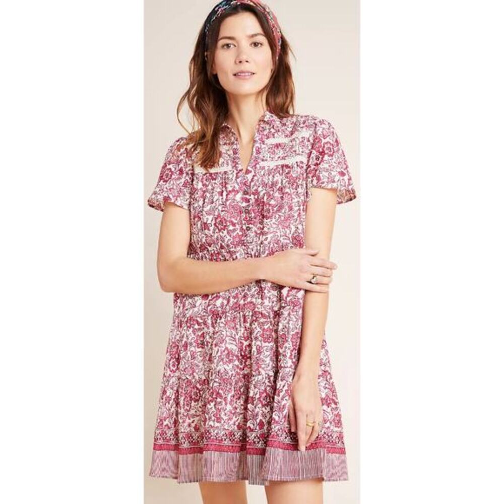 Anthropologie Pink Floral Button Mini Dress